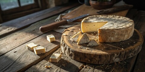 Fototapeta premium A Rustic Farmhouse Tabletop With a Slice of Aged Cheese and Pieces of Fresh Cheese on a Rough-Cut Wooden Serving Board