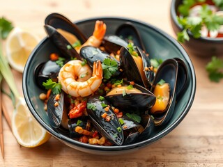 A vibrant and colorful Thai spicy seafood salad with a mix of fresh ingredients such as shrimp, squid, and mussels, tossed in a tangy and spicy dressing, fresh, squid