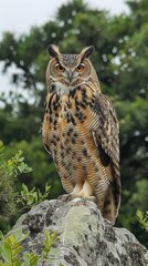 Eagle Owl Perched on Rock in Forest