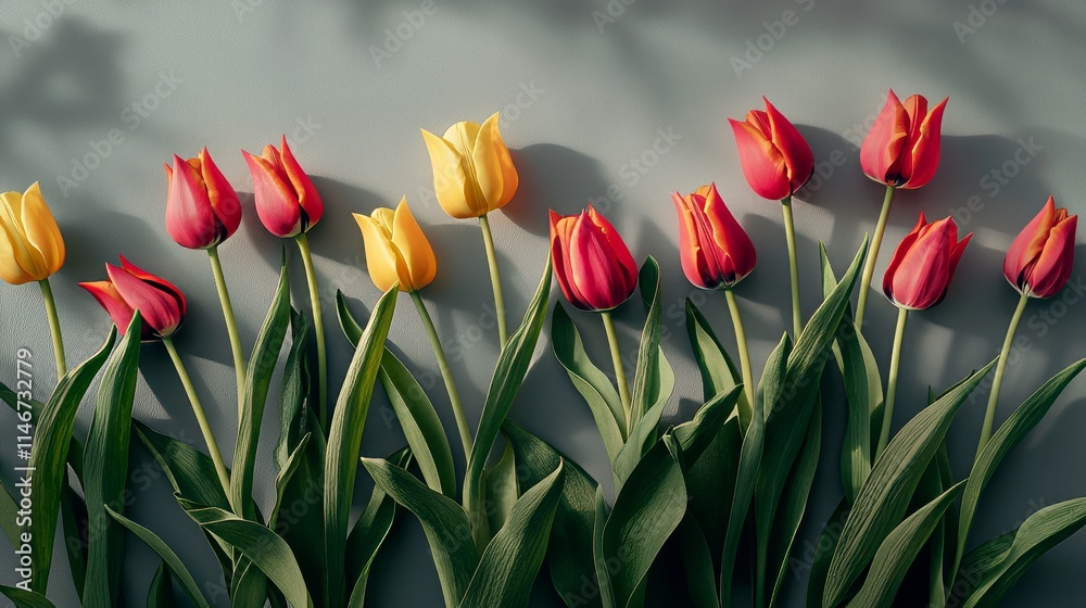 Poster bright tulips arranged in a geometric pattern against a soft gray background, close-up shot, minimal