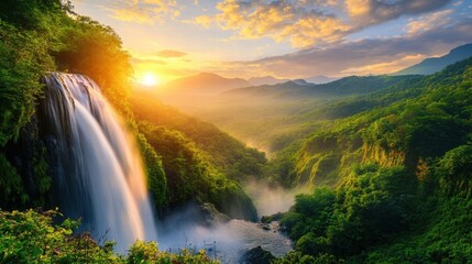 majestic waterfall at sunrise in lush green mountains