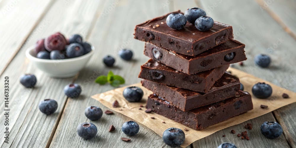 Poster a stack of fudgy chocolate brownies with a hint of blueberries, resting on a rustic wooden surface