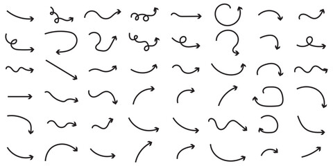 Collection hand drawn arrows. Set simple curved arrows isolated on white background. Collection of pointers. Vector illustration. Set of vector curved arrows hand drawn. Sketch doodle style.