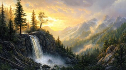 Fototapeta premium majestic mountain waterfall sunset landscape
