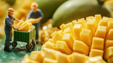 Fresh mango slices ready for distribution by workers on a vibrant, sunny day