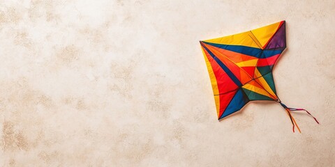 vibrant kite with geometric patterns lying flat on smooth beige surface under direct light
