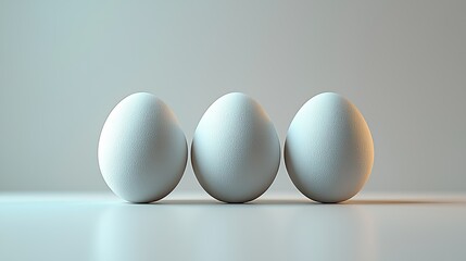 Three smooth, white eggs arranged neatly on a plain surface with soft lighting.