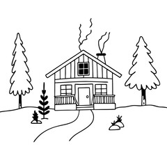  Cozy Winter Cabin in Pine Forest with Smoke from Chimney Vector Art