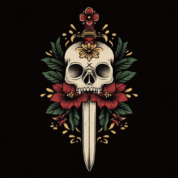 Skull and Dagger tattoo flash illustration