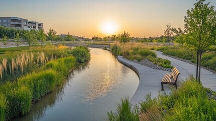 Fototapeta premium serene sunset over waterway park