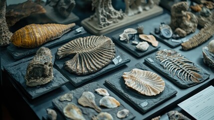 Fototapeta premium A Close-Up View of Various Fossils Displayed in a Museum Exhibit, Highlighting Geological History and Natural Artistry of Ancient Life Forms