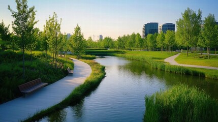 Obraz premium serene park landscape with winding waterway and city skyline