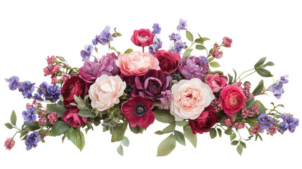 A round bouquet of pink, purple, and white flowers, elegantly presented against a clean isolated on transparent background