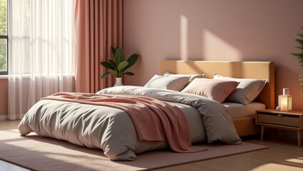 Sunlight illuminating cozy bedroom with pink curtains and blanket