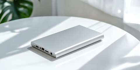 compact portable power bank displayed on clean white table under bright light