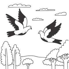  Vector Illustration of Two Birds in Flight Over Scenic Landscape with Trees and Clouds