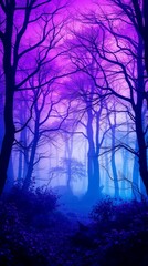 Enchanted forest at twilight, mystical purple hues.