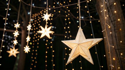 Star-shaped lanterns twinkling lights ribbon dark background Christmas new year's eve party festive birthday decoration