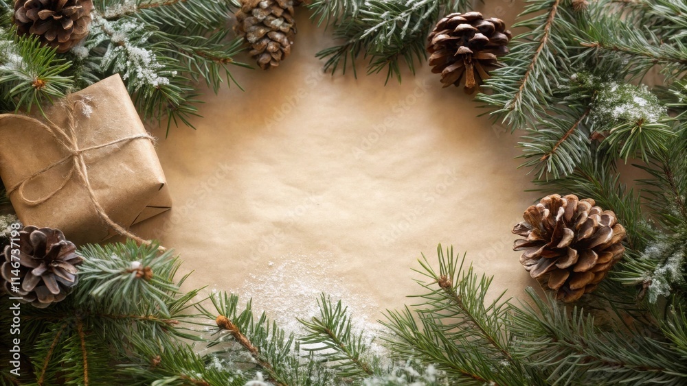 Poster a simple christmas gift wrapped in brown paper surrounded by evergreen branches and pinecones on a r