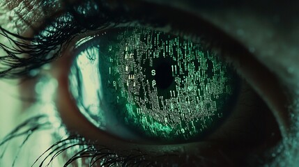Close-up of a human eye with a digital circuit pattern in the iris.