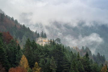 Autumn aerial view of Fort Predel in the distance, the Julian Alps, Slovenia. Predil Pass between...