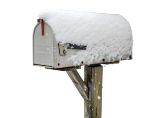 Snow-Covered Rural Mailbox on Wooden Post Isolated on transparent Background. PNG
