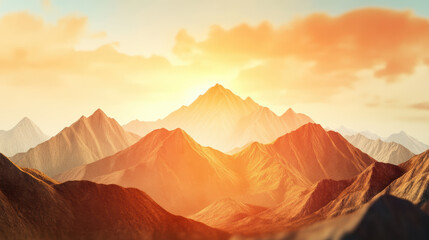 Naklejka premium Sunset lit mountains with layered rocky peaks glowing in warm golden light, creating serene and majestic landscape under soft, cloudy sky