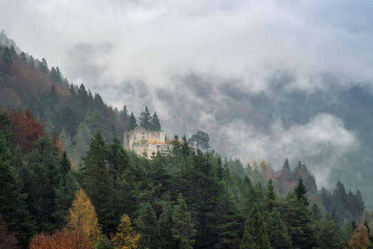 Autumn aerial view of Fort Predel in the distance, the Julian Alps, Slovenia. Predil Pass between Italy and Slovenia border.