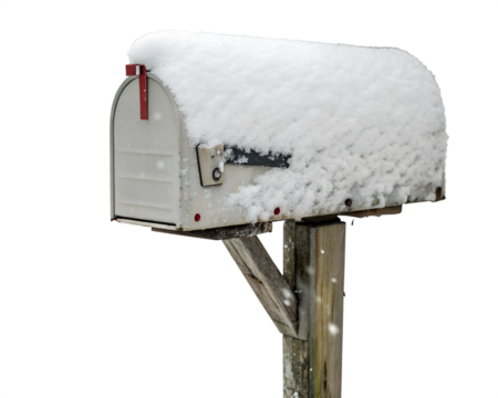 Snow-Covered Rural Mailbox on Wooden Post Isolated on transparent Background. PNG

