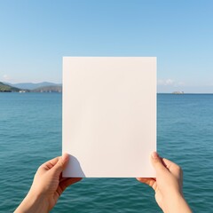 Super resolution, Hand holding blank photo frame, sea background, ultra-detailed and intricate, super-detailed, maximum quality