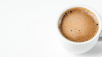 Close-up of espresso in a white cup on white background.