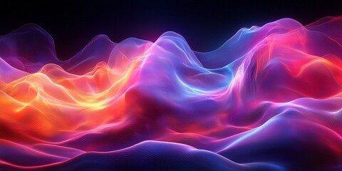 Obraz premium Flowing Neon Lines Creating a Futuristic Wave Design, Smooth Curves with Glowing Gradients on a Dark Background, Dramatic Contrast with Ambient Lighting 