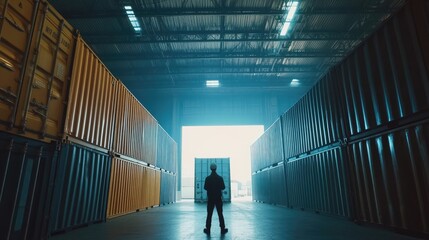 Engineers are overseeing the transportation of cargo with containers inside the warehouse. Container in export and import business and logistics 