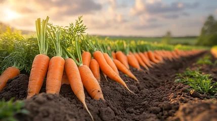 Fototapete Rund Fresh Carrots Growing In A Farm Field At Sunset © Wida