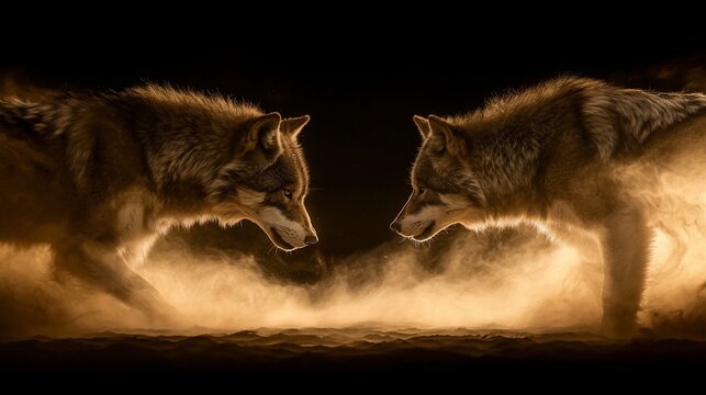 Two wolves facing each other in the dark, illuminated by warm light and dust.