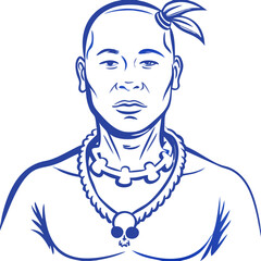  Tribal Warrior Portrait with Symbolic Necklace and Feathered Hairstyle Vector Art