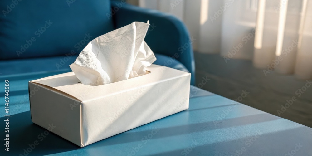 Poster a white tissue box sits on a blue table in a room with a window letting in natural light.