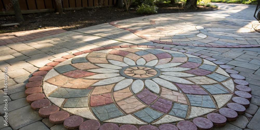 Poster A circular cobblestone design featuring a flower with multiple petals, surrounded by a ring of oval stones. The design is set against a background of evenly spaced, rectangular cobblestones.