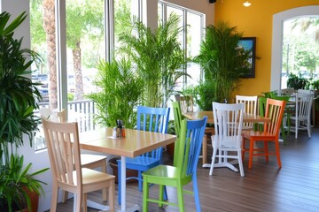 Obraz premium A bright and inviting dining area with colorful chairs and plants.