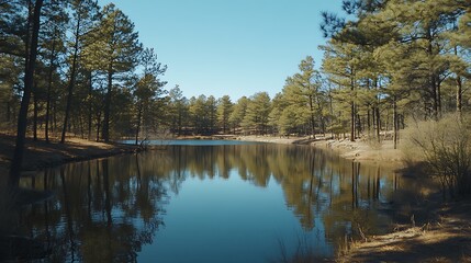 Obraz premium Calm lake reflecting trees in a sunny forest.