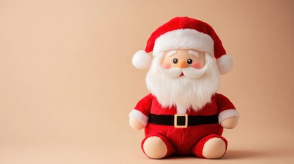Cute Santa Claus Toy Isolated on Beige Background, Christmas Character in Red Costume with White Beard, Copy Space for Greetings