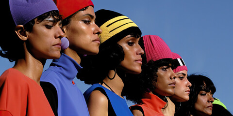 Fototapeta premium Profile Portraits of Five Women Wearing Colorful Knit Hats and Tops