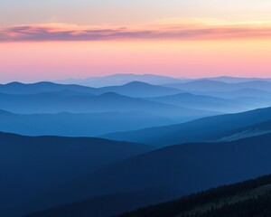 Obraz premium Serene mountain landscape at sunrise, showcasing layers colors in the sky,