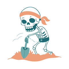 Naklejka premium Skeleton Pirate Digging with Shovel Cartoon Vector Illustration