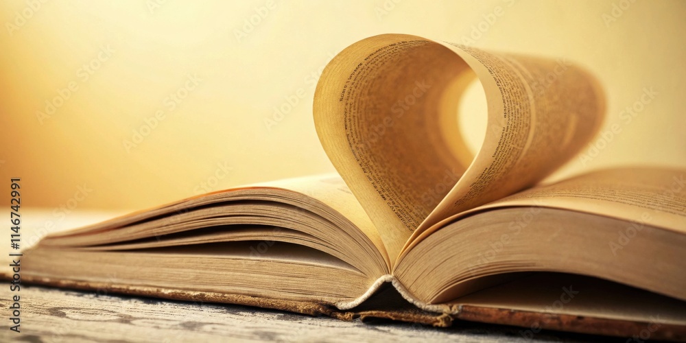 Poster a book open in a heart shape, a symbol of love for stories and knowledge.