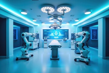 Advanced Surgery Room with High-Tech Robotic Arms and Modern Lighting for Innovative Medical Procedures and Patient Care in a Futuristic Environment