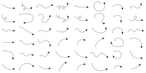Hand drawn dot arrow vector set. Hand drawn line doodle arrow, curve arrow icon vector set. Vector illustration. Hand drawn dotted arrows set. Sketch curved dashed arrows design.
