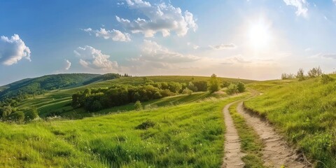 Naklejka premium path through a green grass field hill and blue sky and cloud sunlight panorama horizon landscape morning at dawn