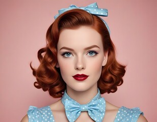 Vintage Portrait of Red-Haired Woman in Polka-Dot Dress