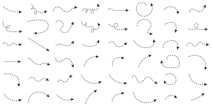 Hand drawn dot arrow vector set. Hand drawn line doodle arrow, curve arrow icon vector set. Vector illustration. Hand drawn dotted arrows set. Sketch curved dashed arrows design.